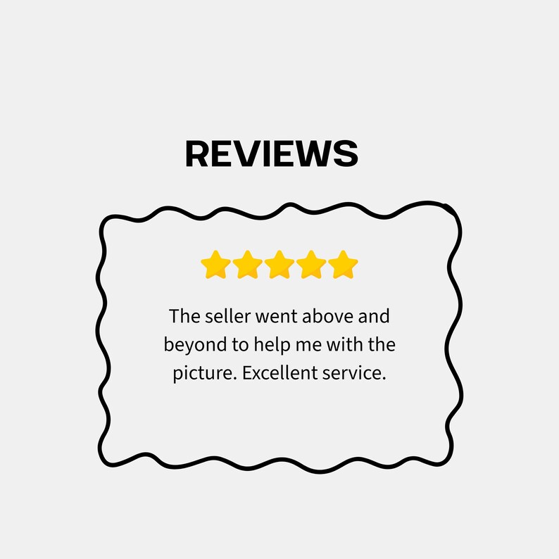 K&ouml;nnte beinhalten: Grafik mit dem Wort "REVIEWS" in schwarzer Schrift &uuml;ber einem schwarz umrandeten, wellenf&ouml;rmigen Rechteck. Im Rechteck befinden sich f&uuml;nf goldene Sterne und der Text: "Der Verk&auml;ufer hat sich sehr bem&uuml;ht, mir mit dem Bild zu helfen. Ausgezeichneter Service."