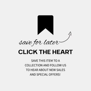 K&ouml;nnte beinhalten: Grafik mit einem schwarzen Lesezeichen-Symbol und einem Pfeil. Der Text lautet "save for later" und "CLICK THE HEART". Zus&auml;tzlicher Text ermutigt zum Speichern von Artikeln, um &uuml;ber Angebote informiert zu werden.