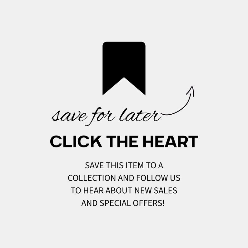 K&ouml;nnte beinhalten: Grafik mit einem schwarzen Lesezeichen-Symbol und einem Pfeil. Der Text lautet "save for later" und "CLICK THE HEART". Zus&auml;tzlicher Text ermutigt zum Speichern von Artikeln, um &uuml;ber Angebote informiert zu werden.