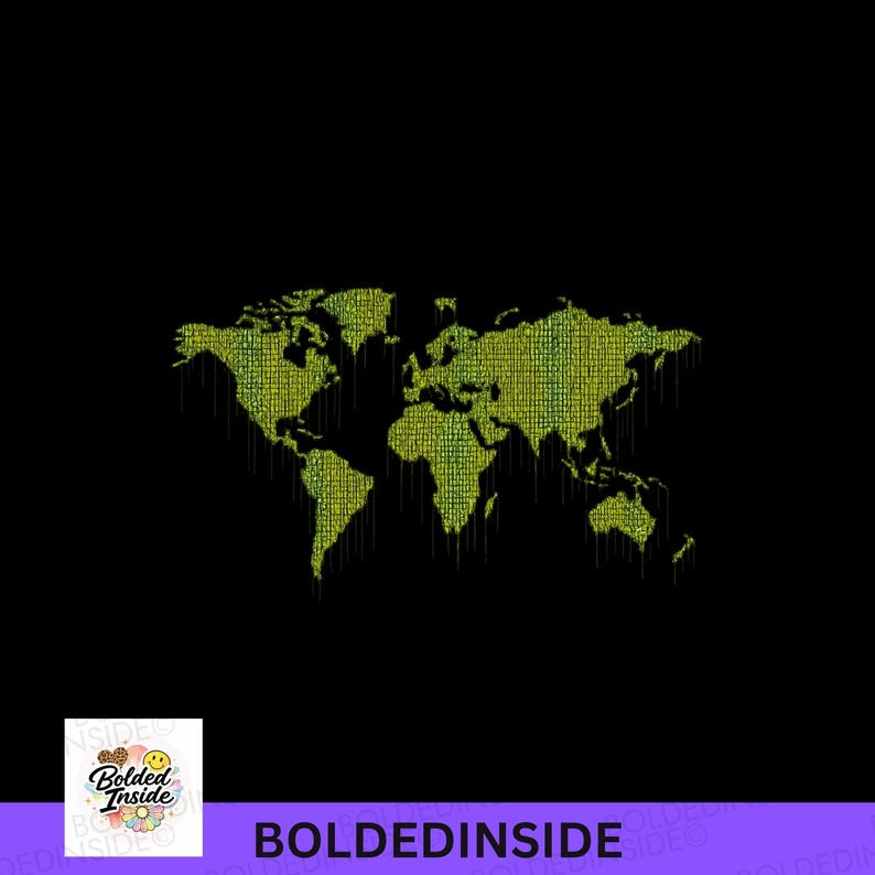 K&ouml;nnte beinhalten: Eine gr&uuml;ne, pixelige Weltkarte vor schwarzem Hintergrund. Die Kontinente sind deutlich zu sehen. Der Text "BOLDEDINSIDE" befindet sich am unteren Rand des Bildes. Die Karte hat ein digitales, strukturiertes Aussehen.