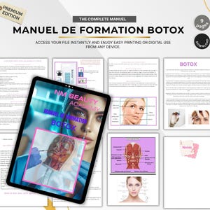Peut inclure: Un manuel numérique intitulé "MANUEL DE FORMATION BOTOX" avec le texte "NM BEAUTY ACADEMY". L'image comprend des schémas, des illustrations et le texte "ACCÉDEZ À VOTRE FICHIER INSTANTANÉMENT ET PROFITEZ D'UNE IMPRESSION OU D'UNE UTILISATION NUMÉRIQUE FACILE DEPUIS N'IMPORTE QUEL APPAREIL."