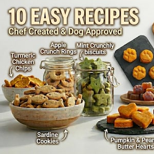 Puede incluir: Se muestra una variedad de golosinas para perros, incluyendo chips de pollo con cúrcuma, galletas de sardina y corazones de mantequilla de cacahuete y calabaza. La imagen presenta el texto "10 recetas fáciles" y "Creado por un chef y aprobado por perros."