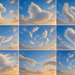 Può includere: Un collage di nove distinte formazioni nuvolose su un cielo blu. Le immagini raffigurano un cane, un gatto, mani che tengono un cuore, una colomba in volo, una disposizione circolare di piume, un grande cuore, una testa di cavallo e due mani.