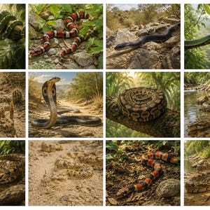 Puede incluir: Un collage de doce especies de serpientes distintas en varios hábitats naturales, incluyendo una serpiente verde, una serpiente de bandas rojas y negras, una serpiente negra sobre rocas, una pitón enroscada, una cobra y serpientes en agua.