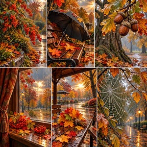 Puede incluir: Un collage de seis paneles que muestra escenas otoñales con hojas de arce de colores naranja y rojo, bancos de parque mojados por la lluvia, un paraguas negro, bellotas en una rama de roble y una telaraña cubierta de gotas de agua.