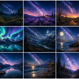 May include: A collection of nine distinct landscape art prints featuring night scenes, including a forest with fireflies, lavender fields, a desert with cacti, aurora borealis over a lake, mountain ranges, a lighthouse, a boat, and coastal views.