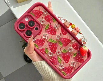 Funda para iPhone con diseño de flores y fresas: funda de silicona con cadena colgante