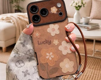 Funda retro con estampado floral para iPhone con correa para la muñeca, funda protectora floral a prueba de golpes, bonita funda vintage para iPhone 11 12 13 14 15 16 17 Pro Max Plus