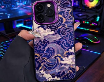 Funda rígida plateada brillante para iPhone 11, 12, 13, 14, 15, 16 y 17 Pro Max con diseño de ondas artísticas japonesas