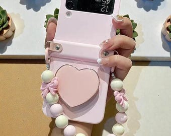 Funda delgada con soporte en forma de corazón y correa de perla para Samsung Galaxy Z Flip