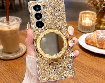 Funda con espejo brillante para Samsung Galaxy Z Fold, funda magnética para teléfono con soporte, funda brillante con diamantes a prueba de golpes para Z Fold 4 5 6
