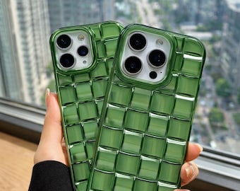Funda verde texturizada para iPhone 11 12 13 14 15 16 17 – Funda transparente con estampado de cuadros tejidos