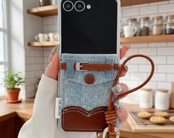 Funda tipo tarjetero de mezclilla para Samsung Z Flip con correa para la muñeca, funda tipo cartera a prueba de golpes para Galaxy Z Flip 7 6 5 4 3, funda plegable con cadena.