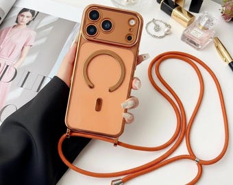 Funda transparente MagSafe para iPhone con correa de cordón, funda de lujo para teléfono con bandolera, funda antigolpes y antihuellas para iPhone 17 16 15 14 13