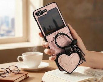 Pink Geometric Flip Phone Samsung Galaxy Z Flip 5 6 7 Case with Mirror, Shockproof Lanyard Strap