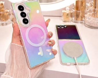 Funda MagSafe con efecto degradado arcoíris para Samsung Galaxy Z Fold y Z Flip, funda magnética transparente con láser Aurora para teléfonos plegables 3, 4, 5, 6 y 7.