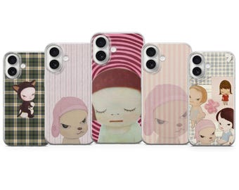 Yoshitomo Nara gestreept telefoonhoesje | Esthetische Japanse omslag | iPhone 17, 16, 15, 14, 13, 12, 11, Samsung S25, S24, Pixel 10, 9, 8, 7
