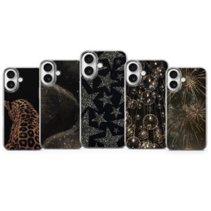 May include: A collection of five phone cases with various designs. The cases feature a leopard print, a starry night, silver glitter stars on black, hanging lights, and fireworks. Each case has a black border and a camera cutout.