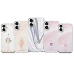May include: Five phone cases with different designs. The cases feature marble, zodiac symbols, and the words "Virgo", "Taurus Queen", and "Lauris". The cases are in shades of white, pink, and gray.