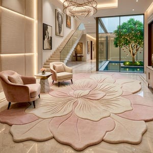 May include: A large, floral-shaped rug in shades of pink and cream dominates the floor of a luxurious living space. Two plush armchairs and a small side table with a floral arrangement complement the rug. A grand staircase and artwork adorn the walls.