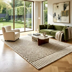 May include: A living room scene featuring a large, textured area rug in neutral tones. The room includes a green velvet sofa, a marble coffee table, and a cream-colored armchair. Large windows offer a view of a manicured garden.