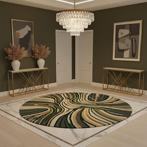 May include: An interior design scene featuring a large, round rug with a swirling pattern in shades of green, yellow, and gray. The room includes two gold console tables, artwork, and a crystal chandelier. The floor is marble.