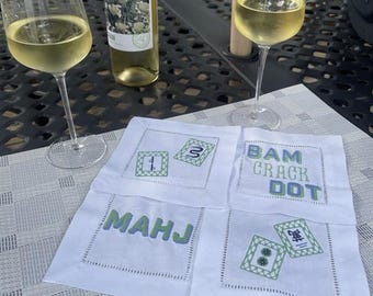 Embroidered Mahjong Linen Cocktail Napkins - Set of 4 (SHIPPING REQUIRED)