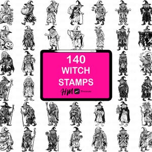 Pode incluir: Uma coleção de 140 ilustrações digitais de bruxas em preto e branco dispostas em uma grade ao redor de uma moldura retangular central. A moldura é rosa brilhante com o texto branco 140 WITCH STAMPS e as letras HM com um ícone de pincel Procreate.