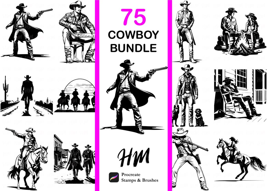 Cowboy Bundle Procreate Stamps | Western Illustration Set | Wild West ...