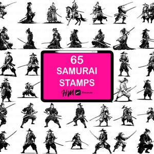 May include: A collection of 65 black and white digital illustrations of samurai in various poses, featuring swords and traditional armour. A central pink rectangular graphic displays the text 65 SAMURAI STAMPS HM Procreate.