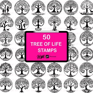 May include: A digital collection of 50 black and white circular tree of life illustrations arranged in a grid. A central bright pink rectangular graphic displays the white text 50 TREE OF LIFE STAMPS with the letters HM and a Procreate icon below.