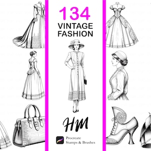 Sellos de Procreate de moda vintage / Conjunto de ilustraciones de estilo retro / Elementos de alta costura clásicos para arte digital