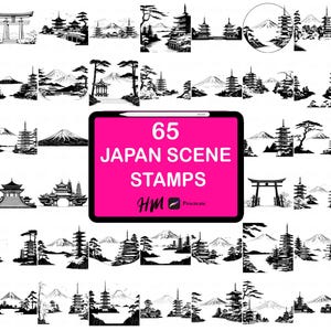 Pode incluir: Uma coleção digital de 65 carimbos de cenas japonesas em preto e branco para Procreate. O gráfico retangular rosa central exibe o texto 65 JAPAN SCENE STAMPS HM Procreate, cercado por várias ilustrações em estilo de tinta do Monte Fuji, pagodes, portões torii e pinheiros.