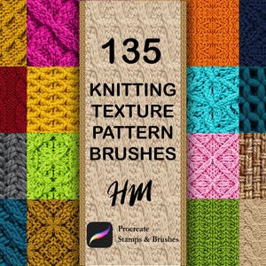 Puede incluir: Un producto digital que muestra 135 pinceles de patrones de textura de tejido. La imagen presenta un collage de varias texturas de tejido en colores como amarillo, rosa, rojo, gris, verde, turquesa y marrón. El panel central muestra el título del producto y el logotipo de Procreate.