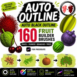 May include: A digital brush set for Procreate featuring 160 fruit builder brushes. The graphic displays various fruit illustrations including rambutan, durian, cherries, starfruit, mangosteen, and watermelon, alongside flower, branch, and tree icons.