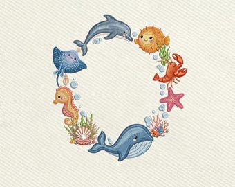 Cute Sea Animals Dolphin Whale Seahorse Wreath, Ocean Nursery Embroidery Design, Instant Download Dst Pe