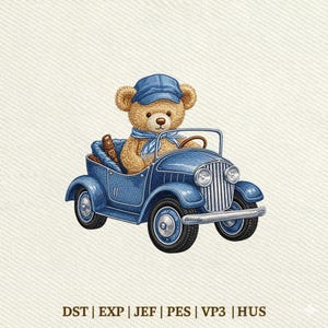May include: A light brown teddy bear wearing a blue cap and a blue neck scarf, sitting inside a vintage-style blue toy car. The car features a silver grille, round headlights, and black tires. The text DST | EXP | JEF | PES | VP3 | HUS is below.