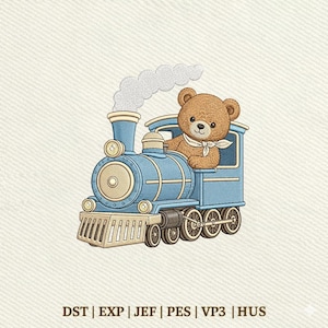 May include: An embroidery design featuring a brown teddy bear wearing a white neckerchief, sitting inside a blue and cream-coloured steam locomotive train. A cloud of white smoke rises from the smokestack. Text reads: DST | EXP | JEF | PES | VP3 | HUS.