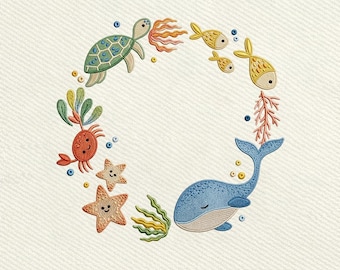 Cute Ocean Animals Whale Turtle Fish Wreath, Baby Sea Life Embroidery Design, Instant Download Dst Pe