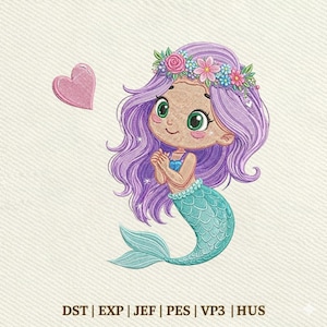 Puede incluir: Una sirena de dibujos animados con cabello morado y cola turquesa, con una corona de flores y una blusa azul. Un corazón rosa flota cerca. La imagen tiene el texto "DST | EXP | JEF | PES | VP3 | HUS" en la parte inferior.