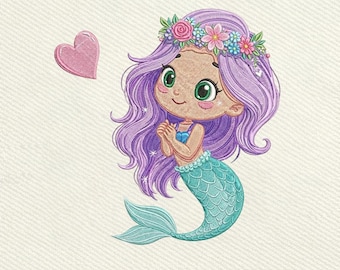 Cute Mermaid Girl Purple Hair Mermaid, Ocean Princess Embroidery Design, Instant Download Dst Pe