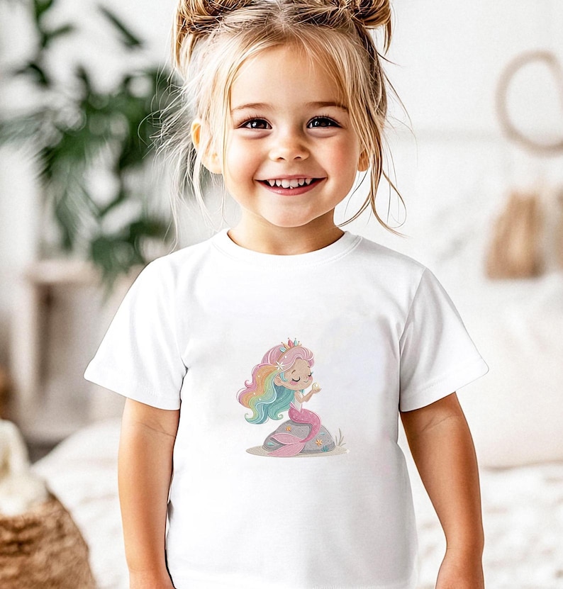 May include: A white t-shirt featuring a colorful illustration of a mermaid sitting on a rock. The mermaid has rainbow hair and a pink tail. The shirt is worn by a young girl with blonde hair.