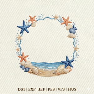 May include: An embroidery design featuring a circular wreath of orange and blue starfish, various seashells, and blue seaweed accents. At the bottom, a sandy beach meets blue ocean waves. The text DST | EXP | JEF | PES | VP3 | HUS is below.