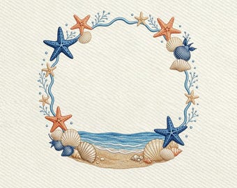 Beach Starfish Frame Ocean Monogram Frame, Seashell Border Embroidery Design, Instant Download Dst Pe