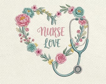 Nurse Love Floral Heart, Stethoscope Flower Heart, Medical Nurse Gift Embroidery Design, Instant Download Dst Pe