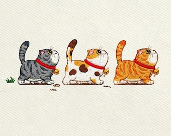 Cute Walking Cats, Chubby Cat With Bell Embroidery Design, Instant Download Dst Pe