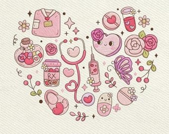 Cute Nurse Medical Kawaii Healthcare Icons Embroidery Design, Instant Download Dst Pe