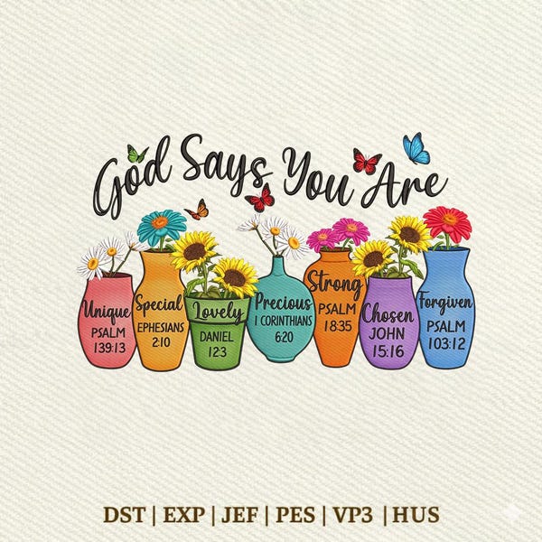 Dieu dit que vous êtes un pot de fleurs chrétien, motif de broderie fleurs verset de la Bible, téléchargement immédiat Dst Pe