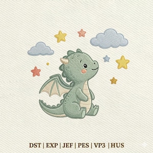 May include: An embroidery design featuring a light green dragon with a cream-colored belly and wings, surrounded by two blue clouds and several yellow and orange stars. The text DST | EXP | JEF | PES | VP3 | HUS is printed at the bottom.