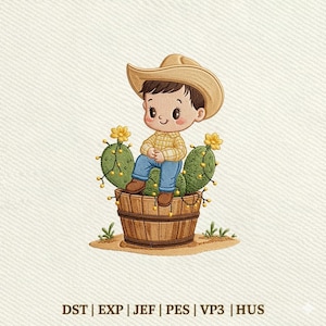 Puede incluir: Un diseño de bordado que muestra a un personaje de dibujos animados con sombrero de vaquero beige, camisa de cuadros amarilla y vaqueros azules, sentado en un barril de madera entre dos cactus verdes con flores amarillas. El texto inferior dice DST | EXP | JEF | PES | VP3 | HUS.
